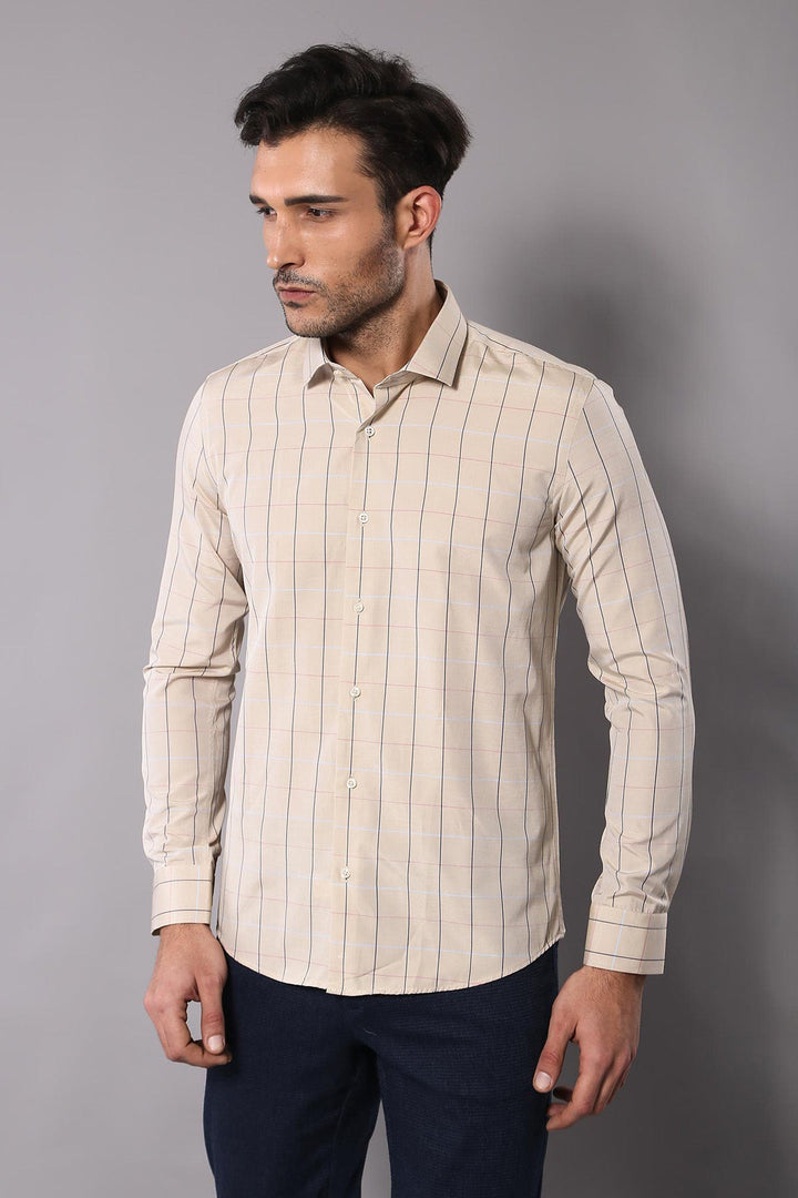 WSS Beige Slim Fit Plaid Men's Shirt  - Viersen