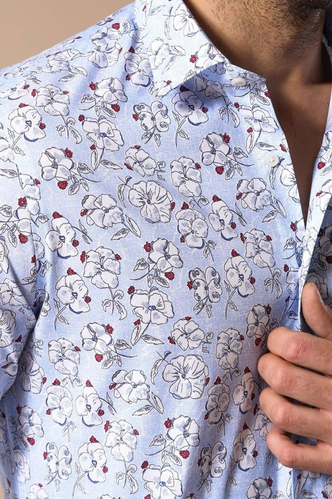 WSS Patterned Cotton Light Blue Shirt- - East Honolulu