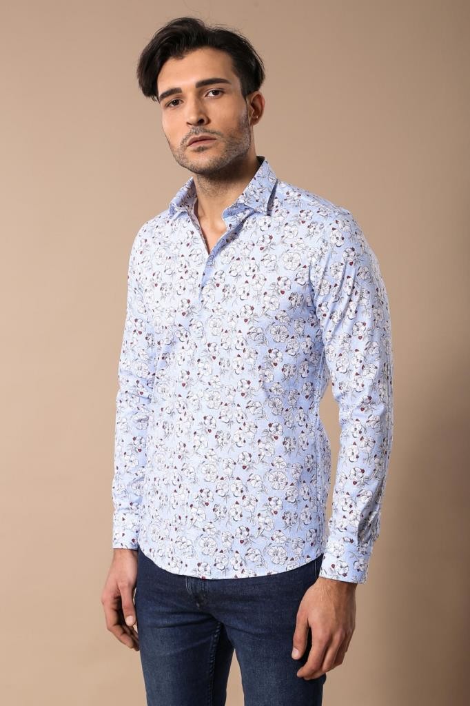 WSS Patterned Cotton Light Blue Shirt- - East Honolulu