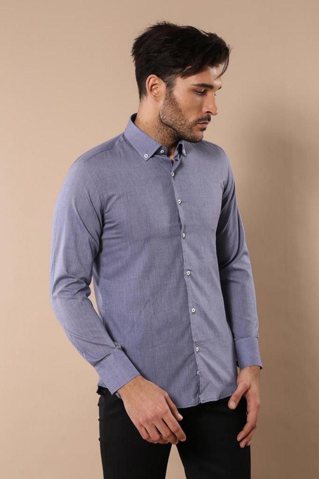 WSS Blue Plain Linen Men's Shirt  - Porto