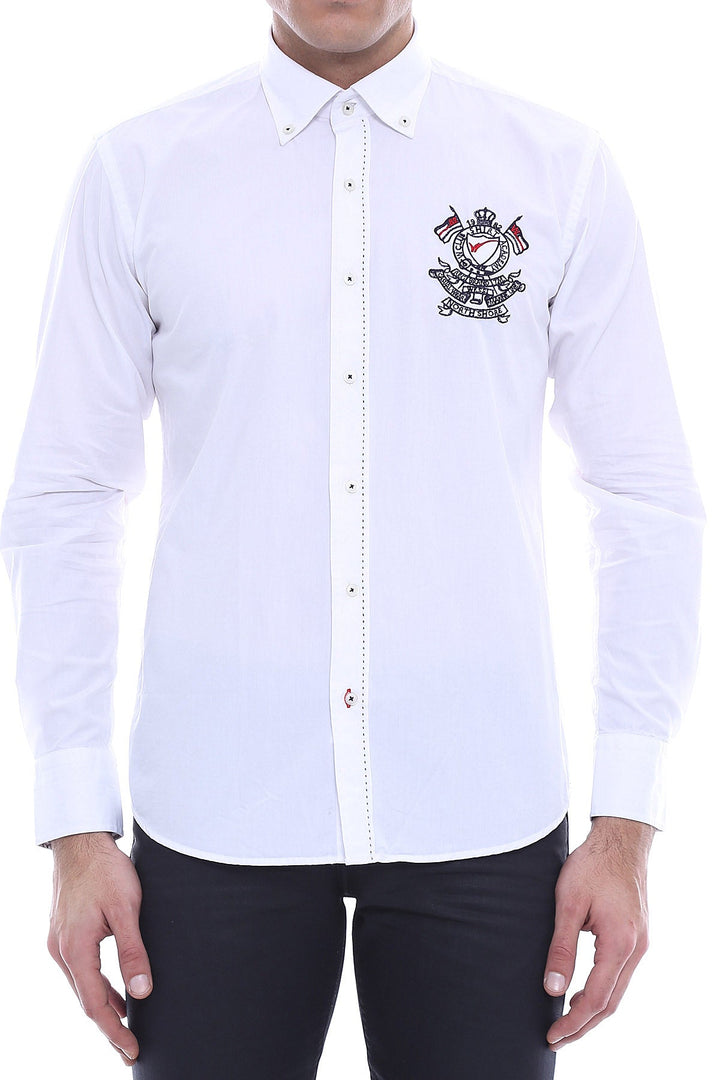 WSS Burgundy Embroidery Pattern Long Sleeves White Men Shirt - Bucha