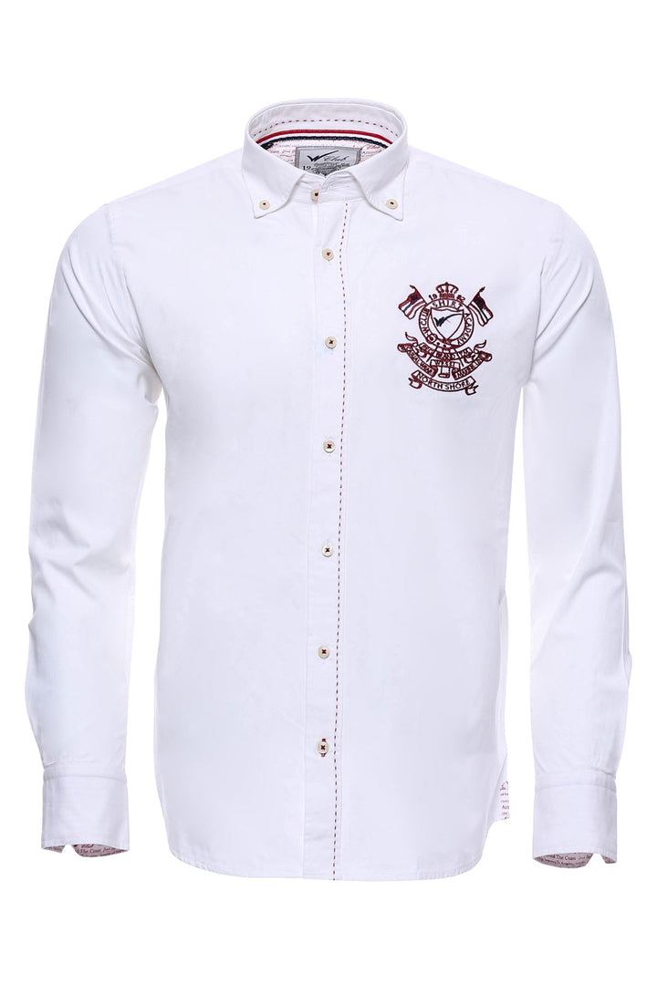 WSS Burgundy Embroidery Pattern Long Sleeves White Men Shirt - Bucha