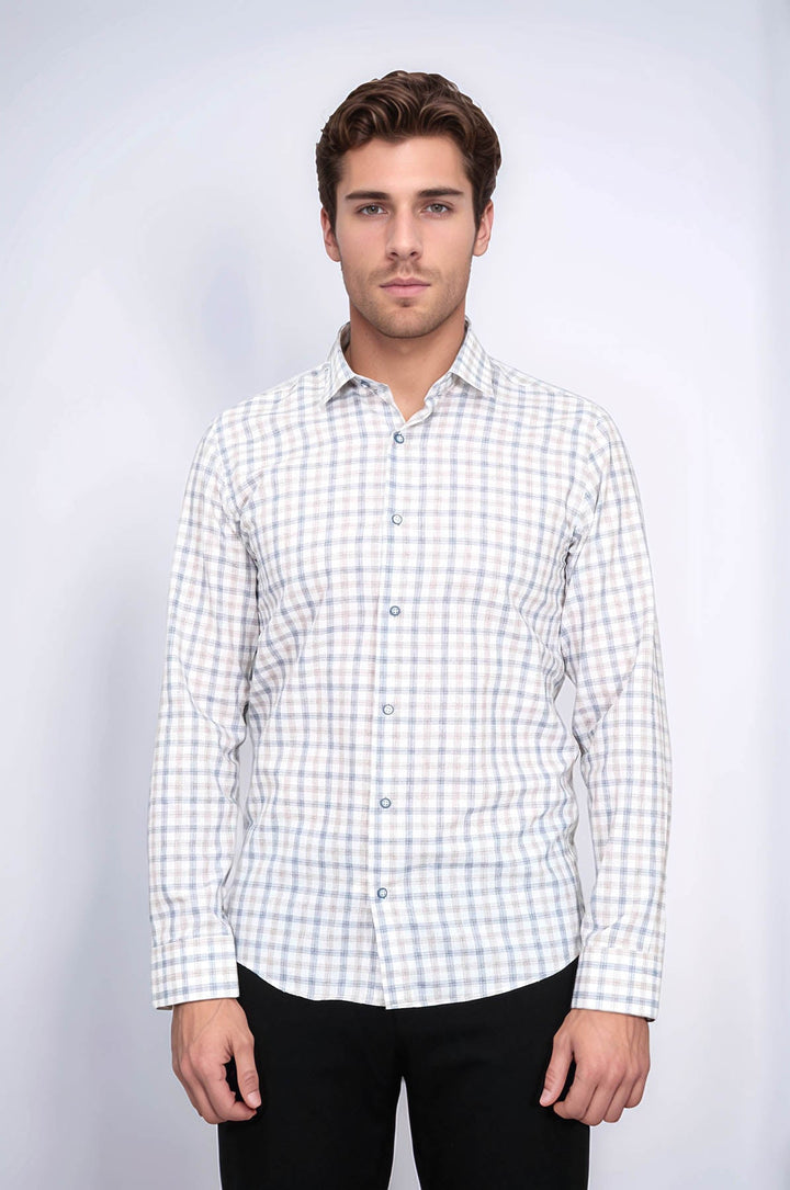 WSS Cream Slim Fit Check Men's Shirt  - Vólos