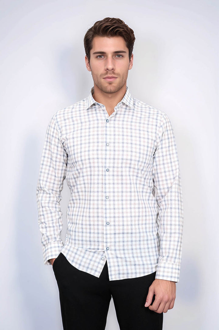 WSS Cream Slim Fit Check Men's Shirt  - Vólos
