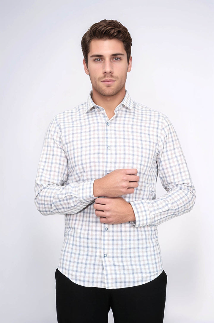 WSS Cream Slim Fit Check Men's Shirt  - Vólos