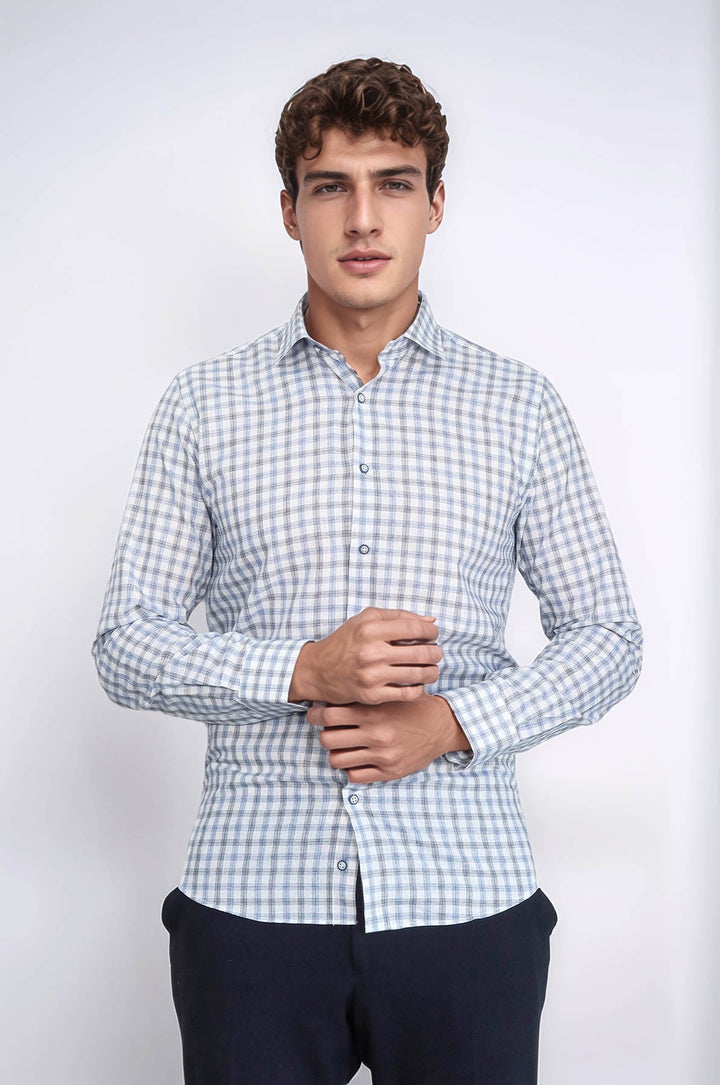 WSS Blue Slim Fit Check Shirt  - Tuxtla
