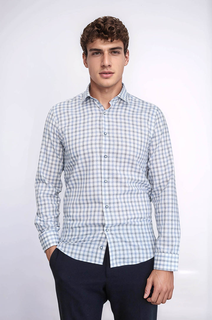 WSS Blue Slim Fit Check Shirt  - Tuxtla
