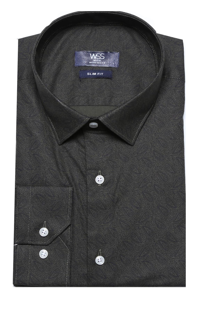 WSS Green Self Patterned Slimfit Shirt  - Singen