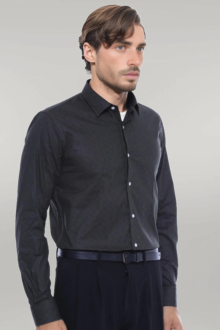 WSS Green Self Patterned Slimfit Shirt  - Singen
