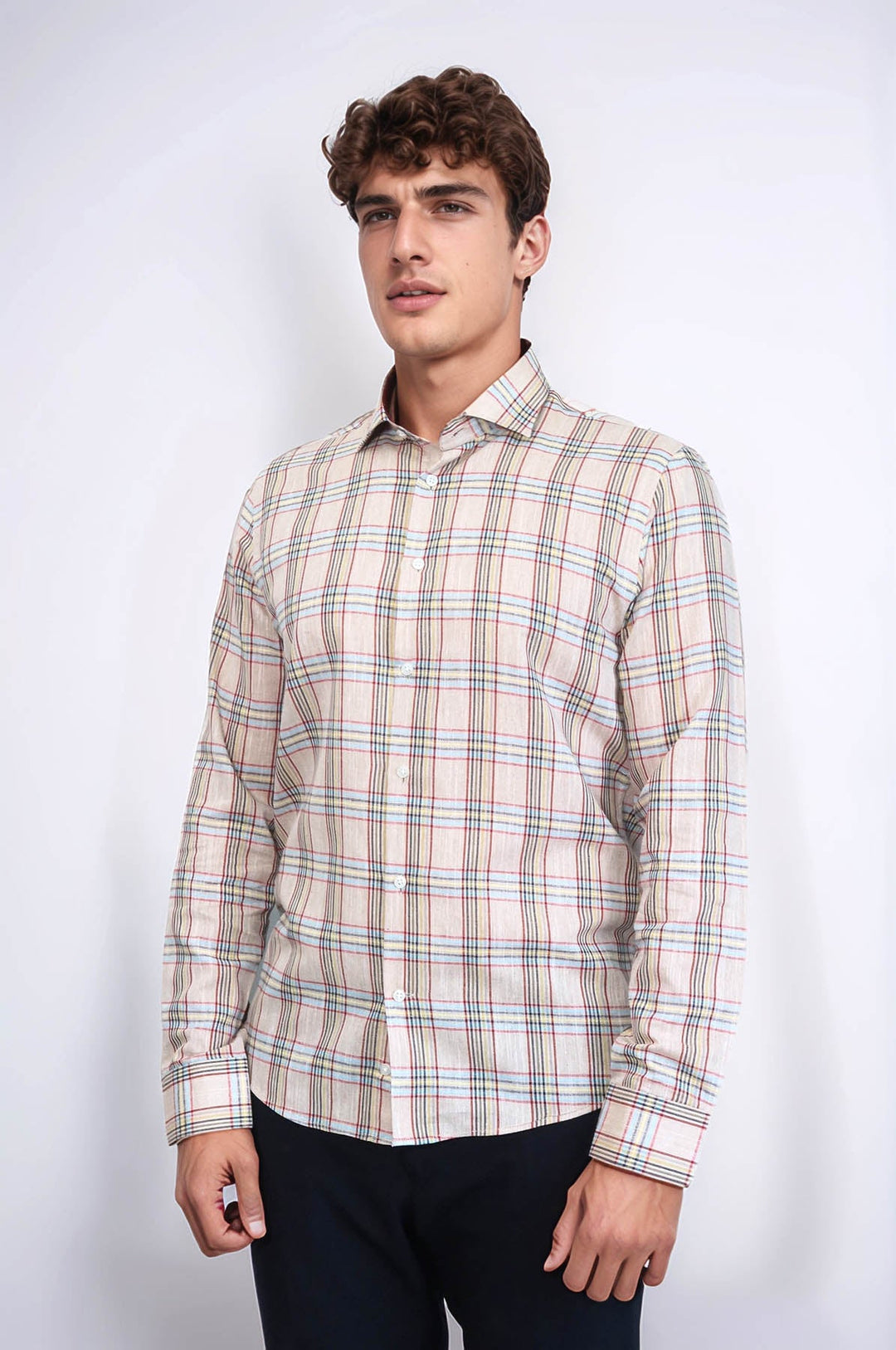WSS Beige Plaid Slim-Fit Shirt   - Sarcelles