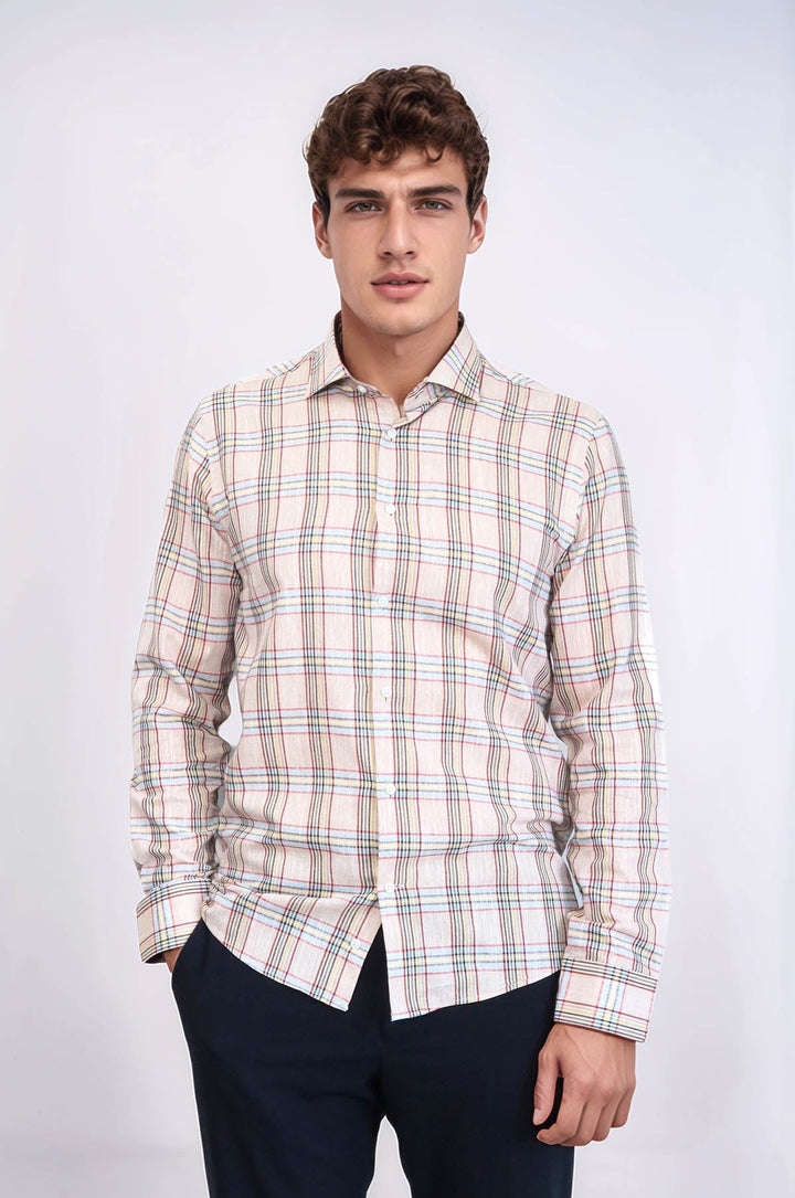 WSS Beige Plaid Slim-Fit Shirt   - Sarcelles