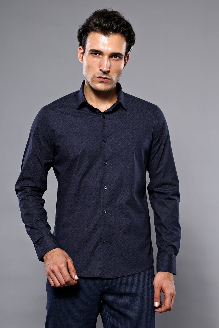 WSS Patterned Navy Blue Men's Shirt  - Slough