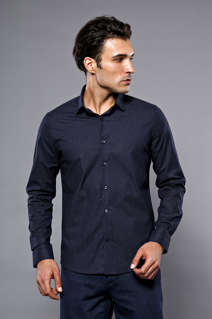 WSS Patterned Navy Blue Men's Shirt  - Slough