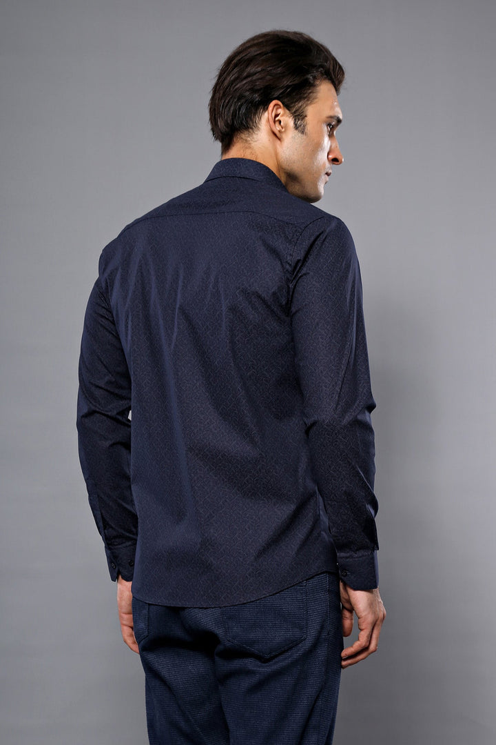WSS Patterned Navy Blue Men's Shirt  - Slough