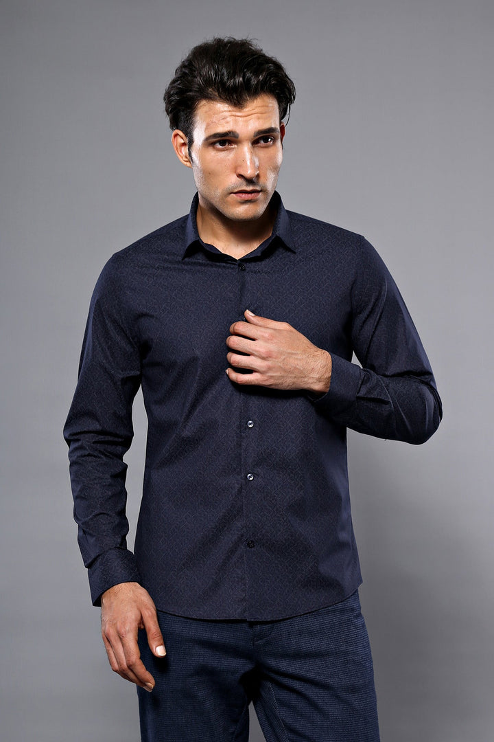 WSS Patterned Navy Blue Men's Shirt  - Slough
