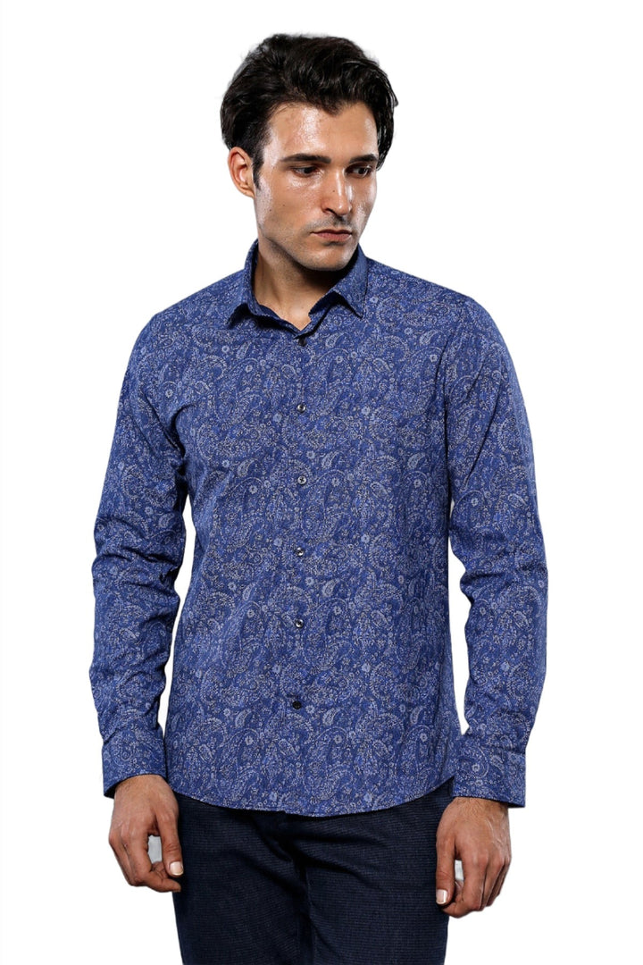 WSS Damask Pattern Long Sleeves Men Blue Shirt  - Ercolano