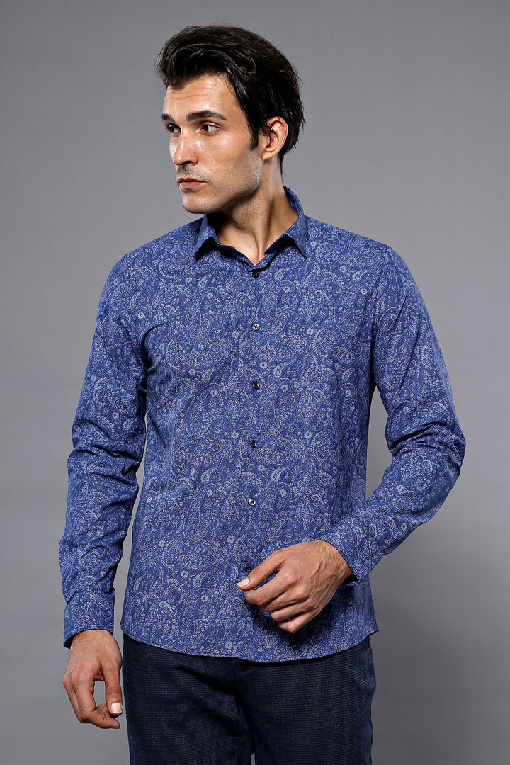 WSS Damask Pattern Long Sleeves Men Blue Shirt  - Ercolano