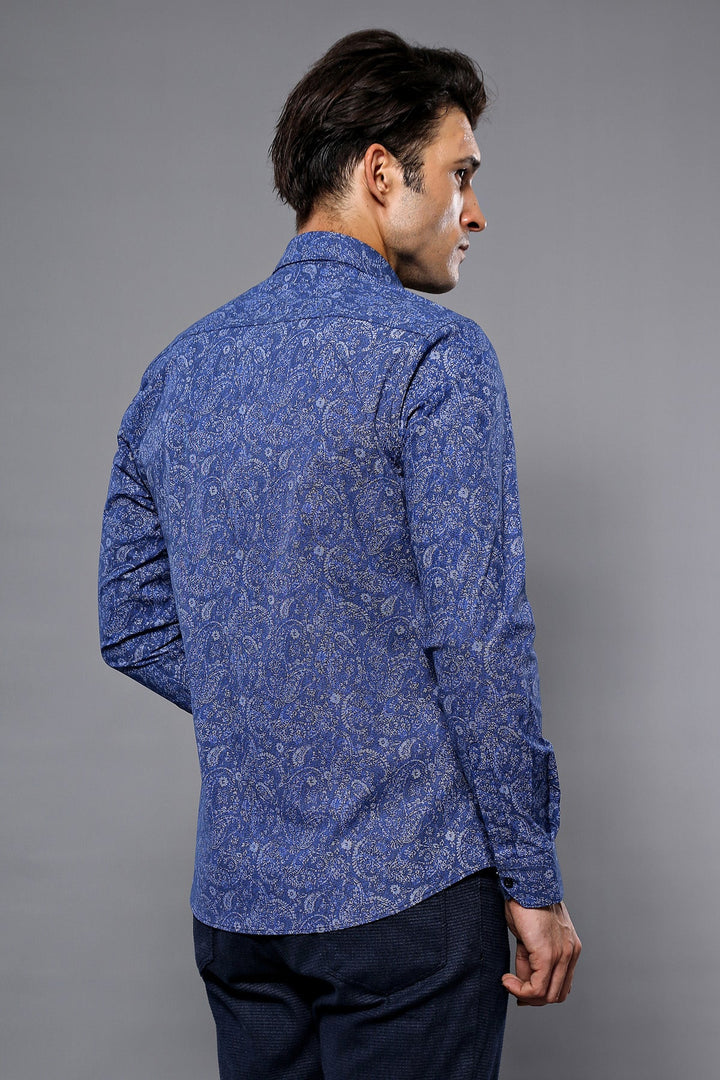 WSS Damask Pattern Long Sleeves Men Blue Shirt  - Ercolano