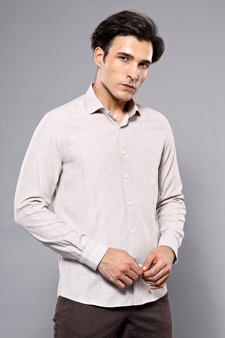 WSS Plaid Beige Slim-Fit Shirt   - Citrus Heights