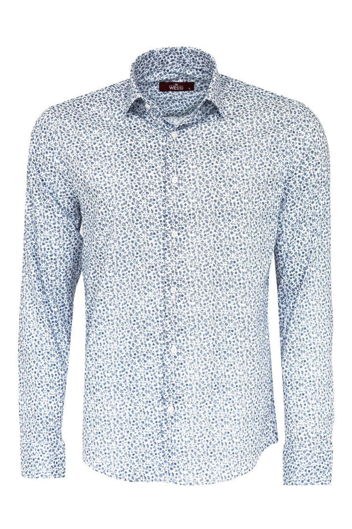 WSS Blue Floral Patterned Slim Fit White Men Shirt  - Singen