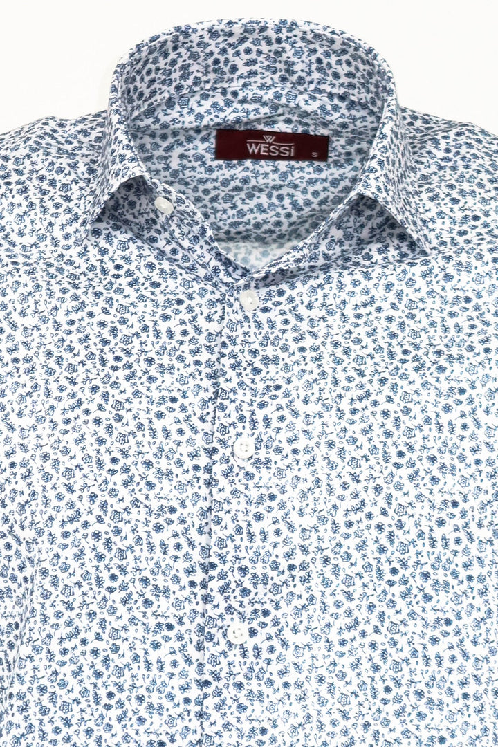 WSS Blue Floral Patterned Slim Fit White Men Shirt  - Singen