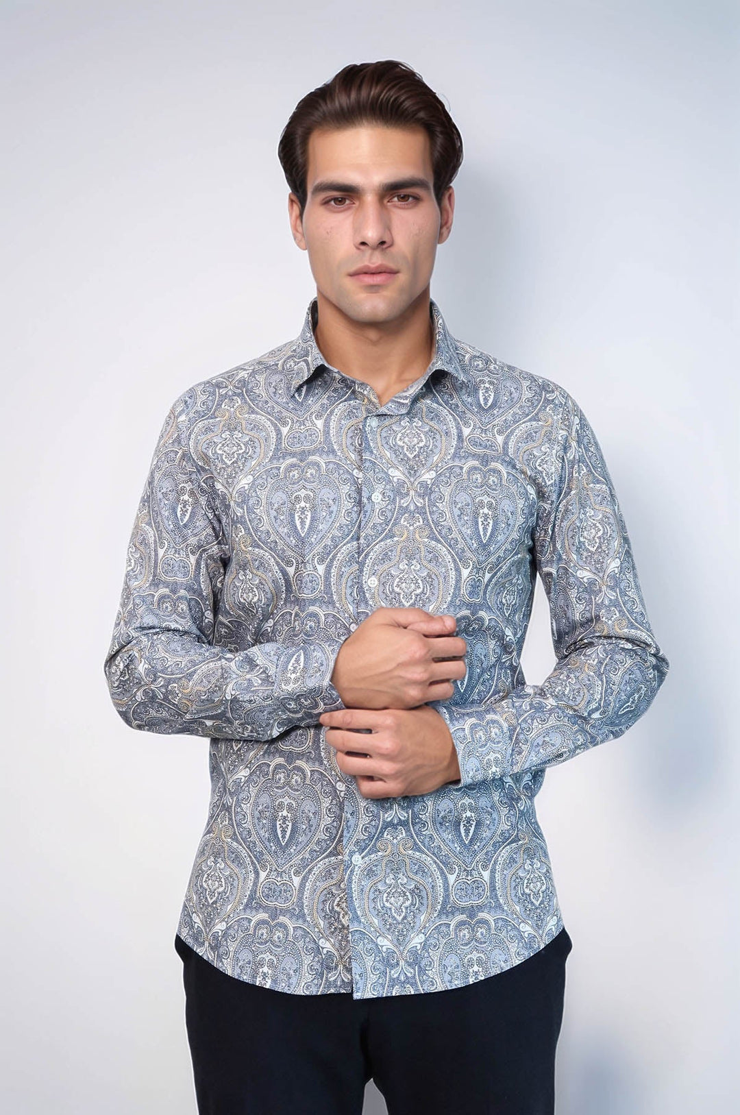 WSS Damask Pattern Blue Slim Fit Shirt  - Gera