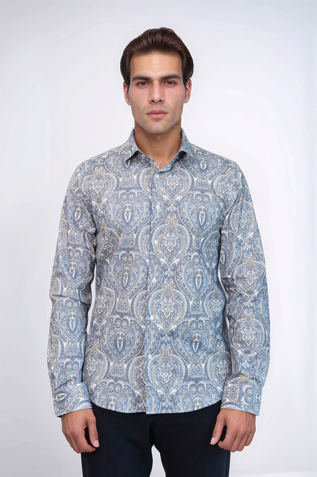 WSS Damask Pattern Blue Slim Fit Shirt  - Gera