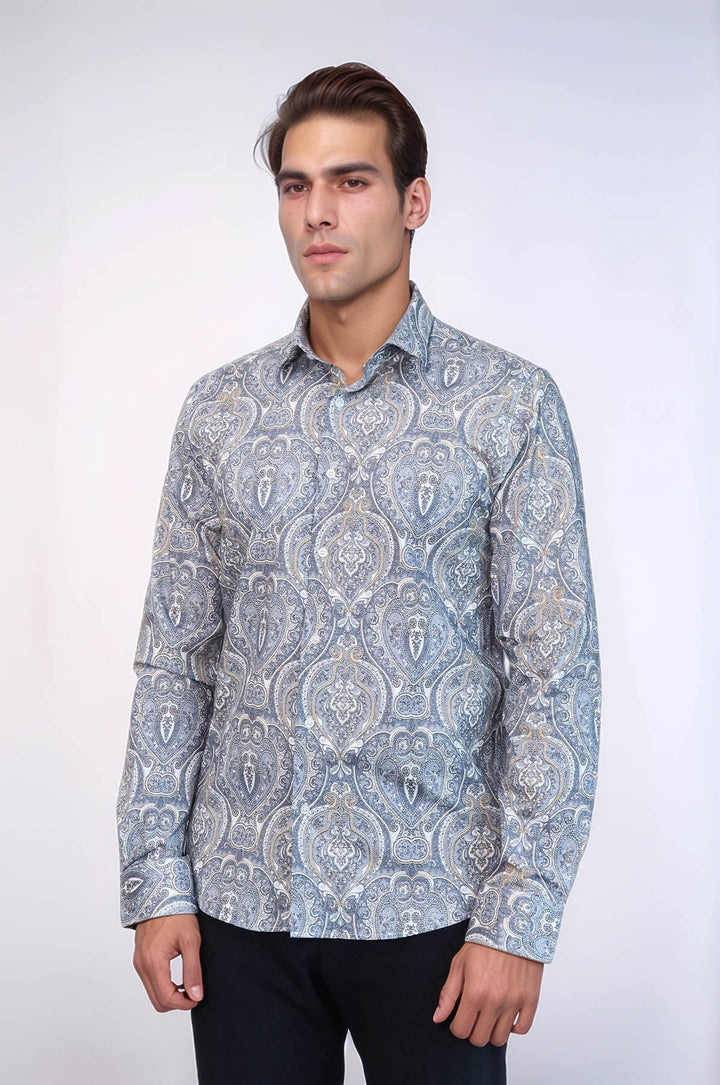 WSS Damask Pattern Blue Slim Fit Shirt  - Gera