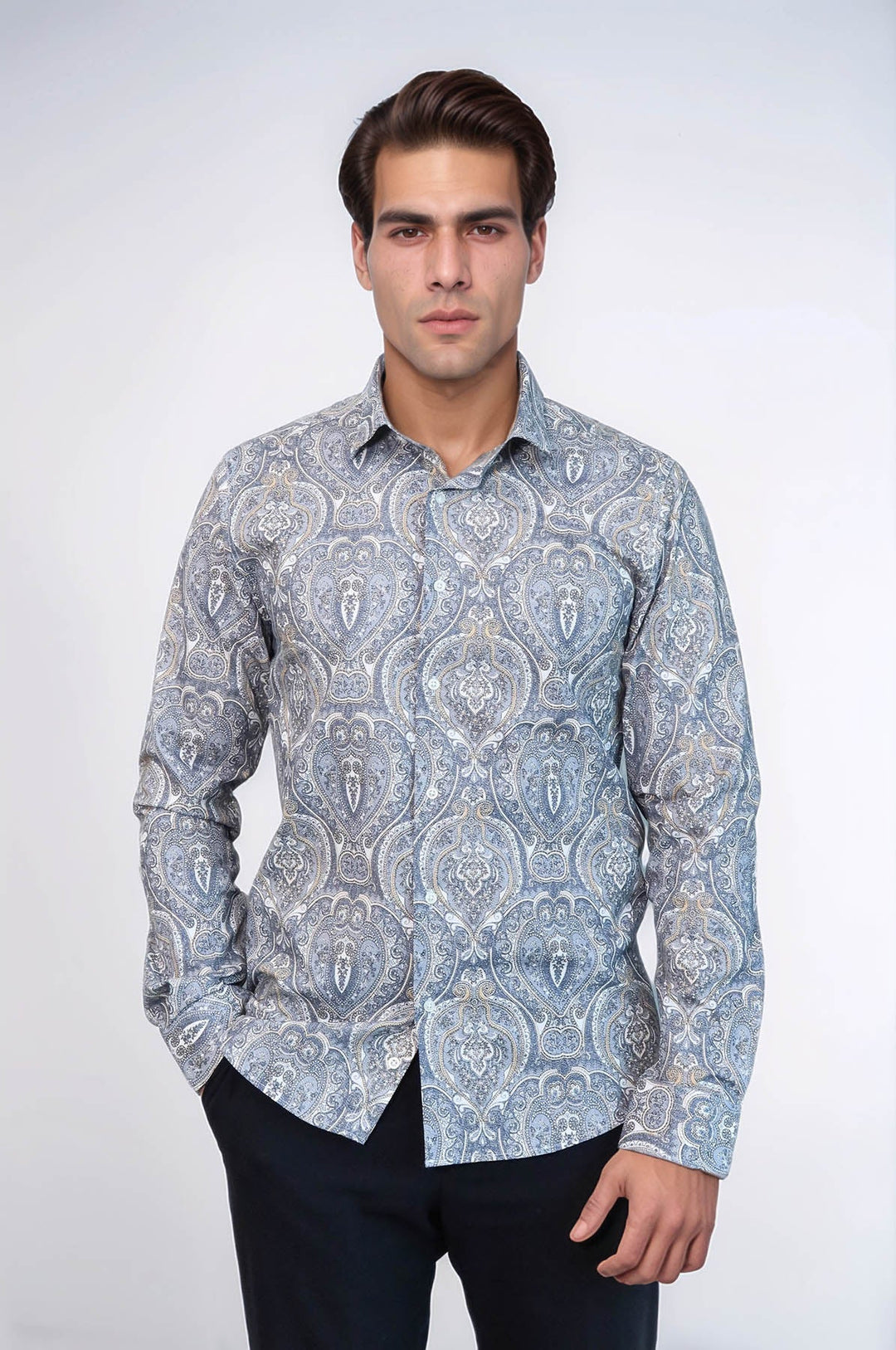 WSS Damask Pattern Blue Slim Fit Shirt  - Gera