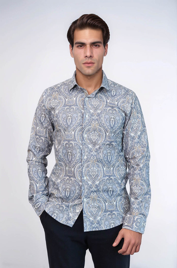 WSS Damask Pattern Blue Slim Fit Shirt  - Gera