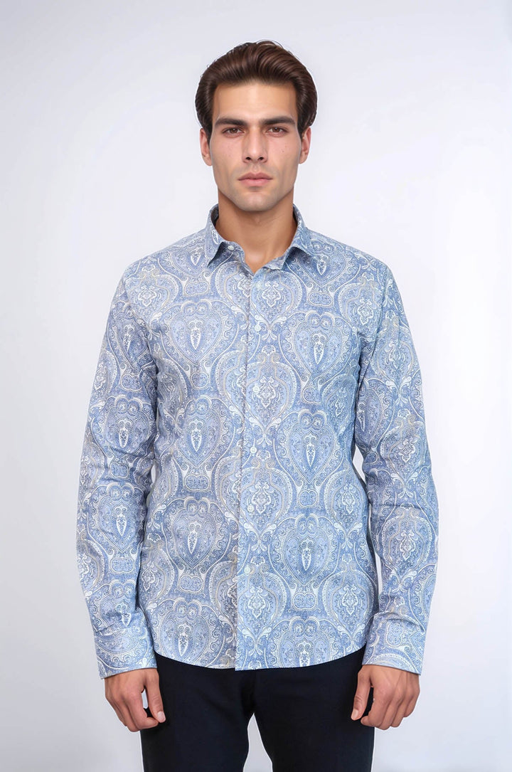 WSS Blue Damask Pattern Slim Fit Shirt  - Basildon
