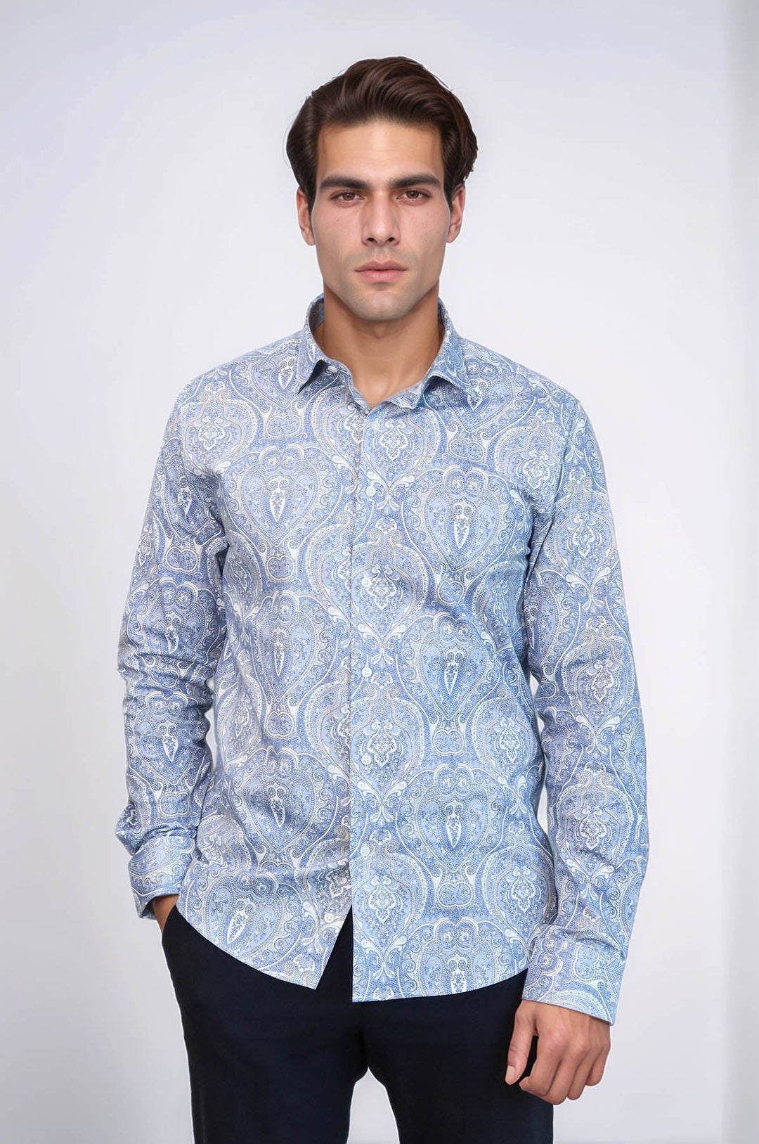 WSS Blue Damask Pattern Slim Fit Shirt  - Basildon