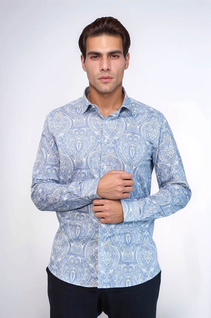 WSS Blue Damask Pattern Slim Fit Shirt  - Basildon