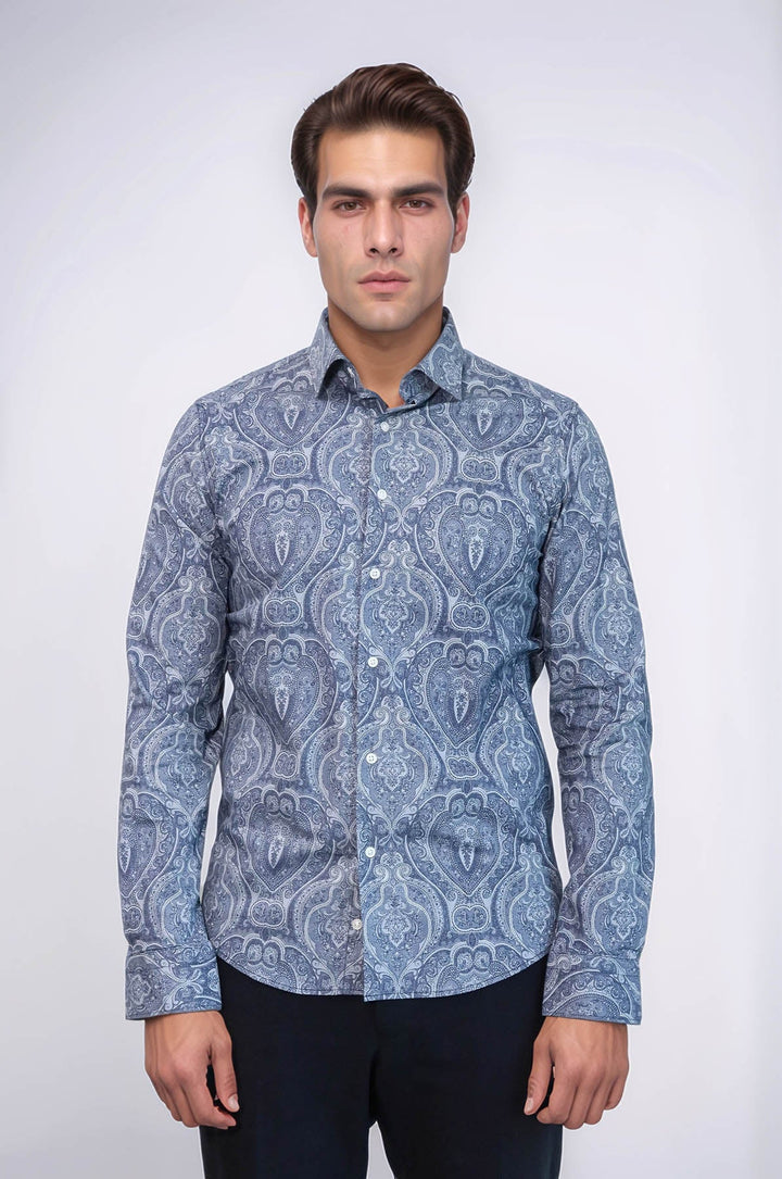 WSS Blue Patterned Slim Fit Men's Shirt  - Burleson