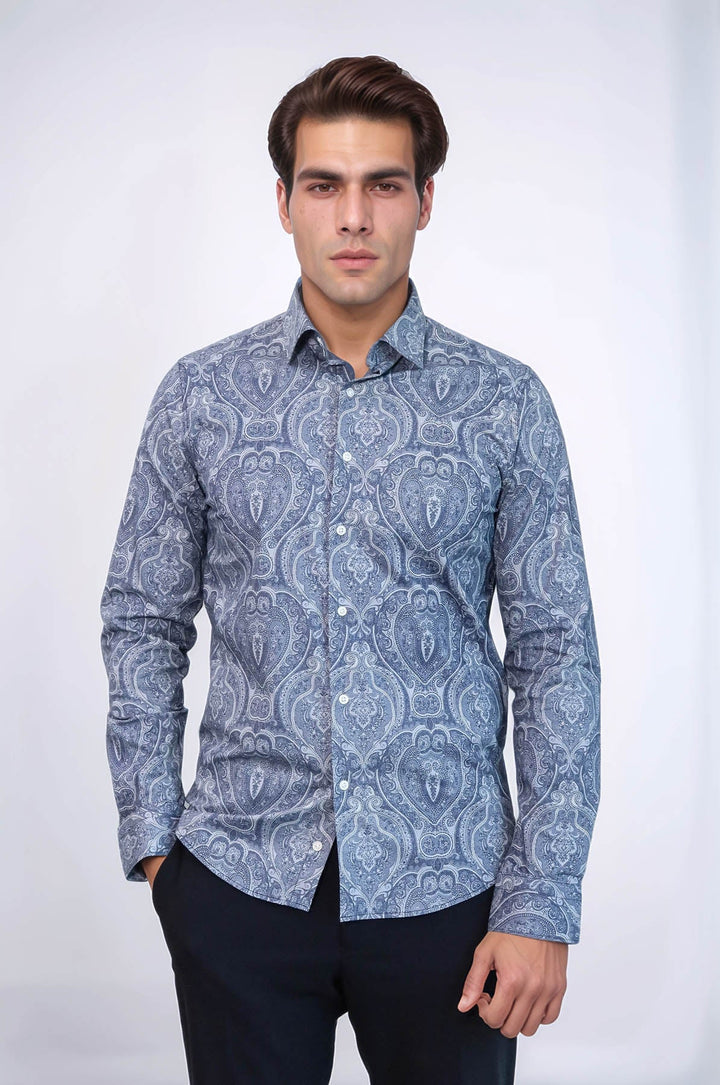 WSS Blue Patterned Slim Fit Men's Shirt  - Burleson