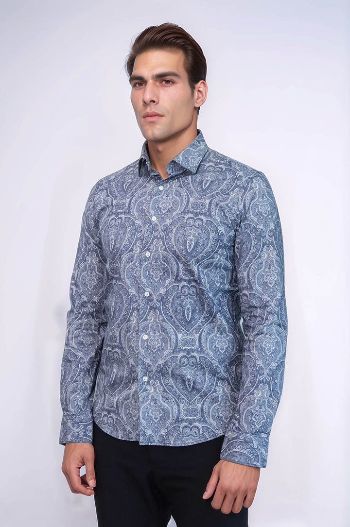 WSS Blue Patterned Slim Fit Men's Shirt  - Burleson