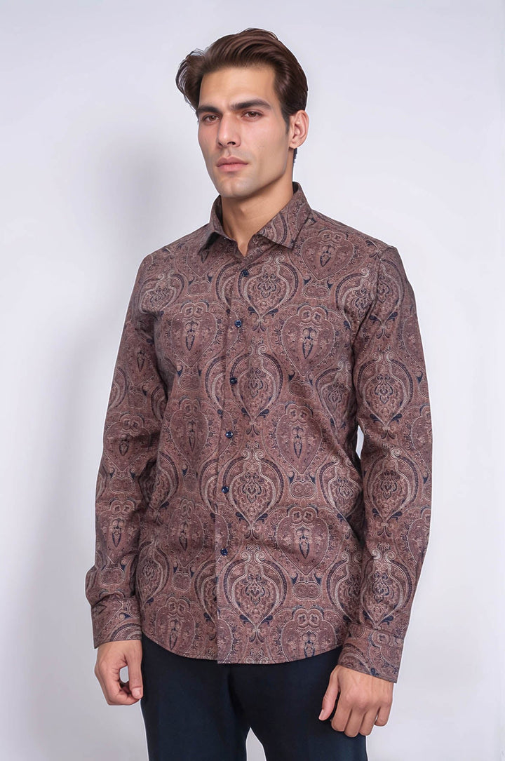 WSS Brown Patterned Slim Fit Men's Shirt  - Guildford