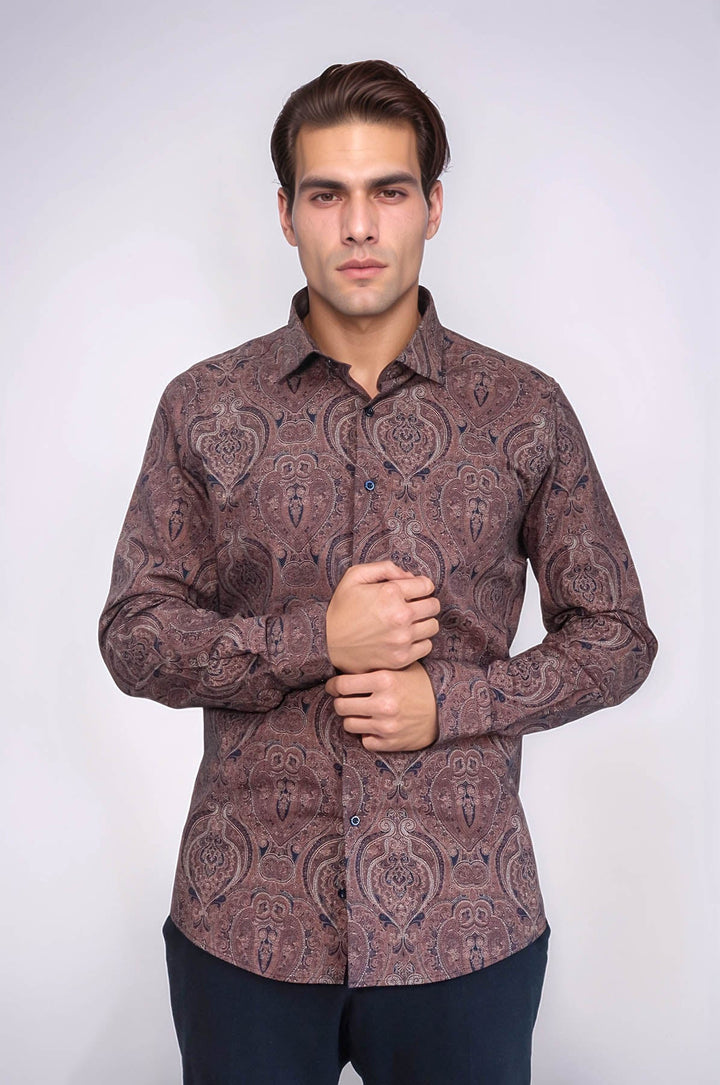 WSS Brown Patterned Slim Fit Men's Shirt  - Guildford