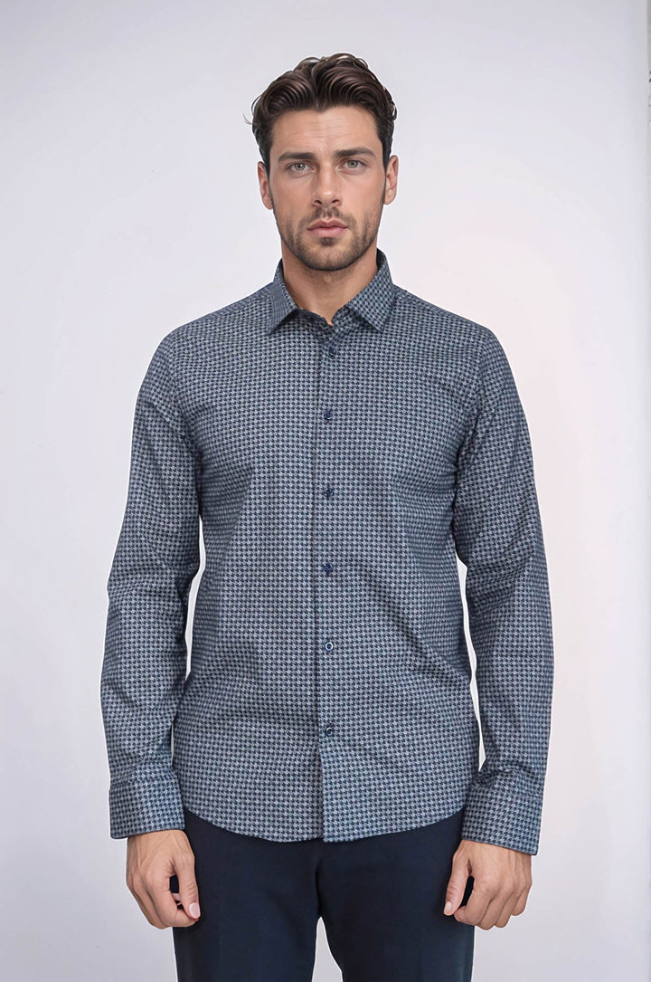 WSS Damask Pattern Slim Fit Long Sleeves Blue Men Shirt  - Columbus