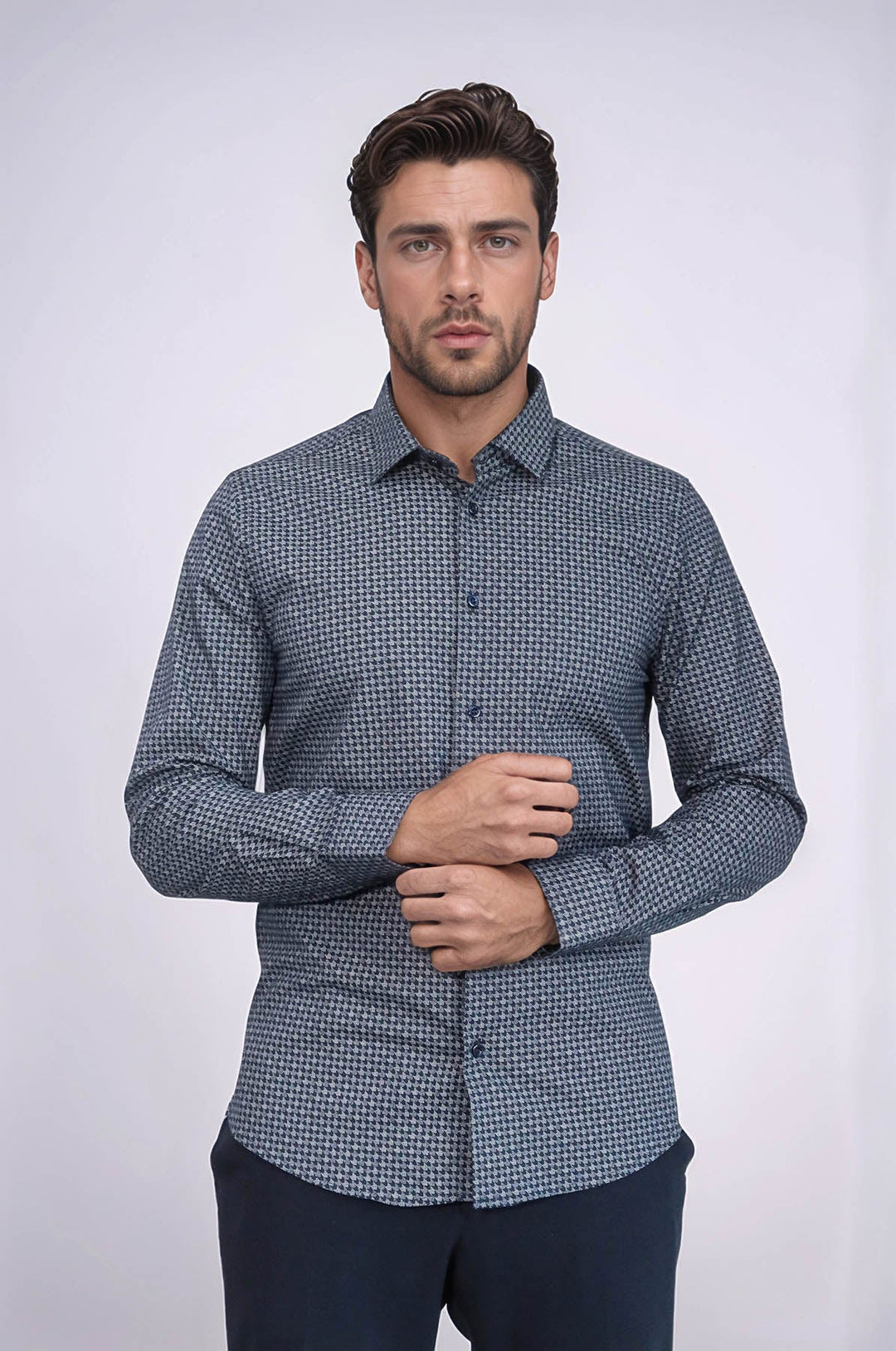 WSS Damask Pattern Slim Fit Long Sleeves Blue Men Shirt  - Columbus