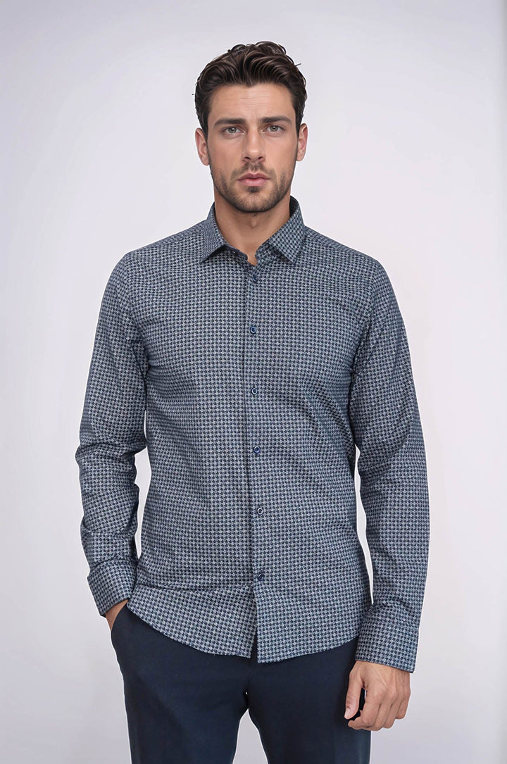 WSS Damask Pattern Slim Fit Long Sleeves Blue Men Shirt  - Columbus