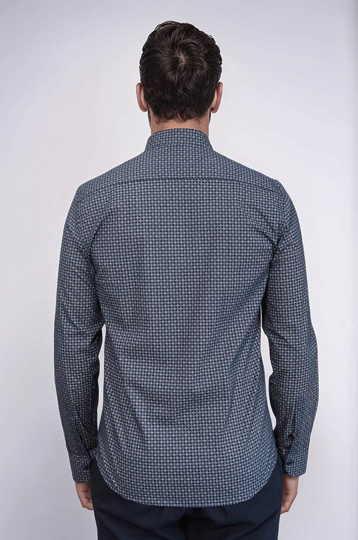 WSS Damask Pattern Slim Fit Long Sleeves Blue Men Shirt  - Columbus