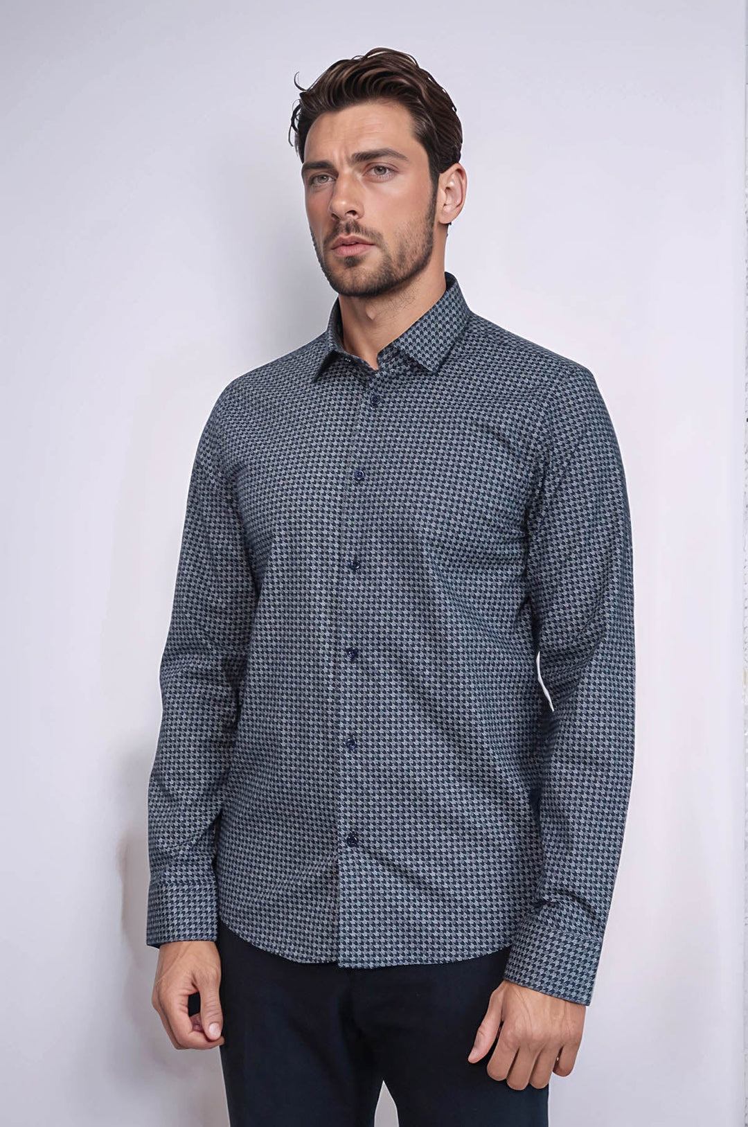 WSS Damask Pattern Slim Fit Long Sleeves Blue Men Shirt  - Columbus