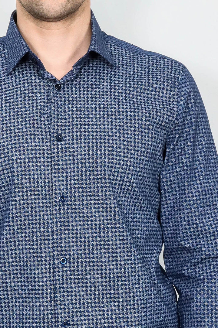 WSS Houndstooth Pattern Slim Fit Navy Blue Men Shirt  - Normal