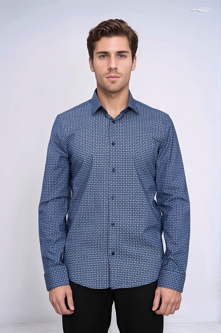 WSS Houndstooth Pattern Slim Fit Navy Blue Men Shirt  - Normal