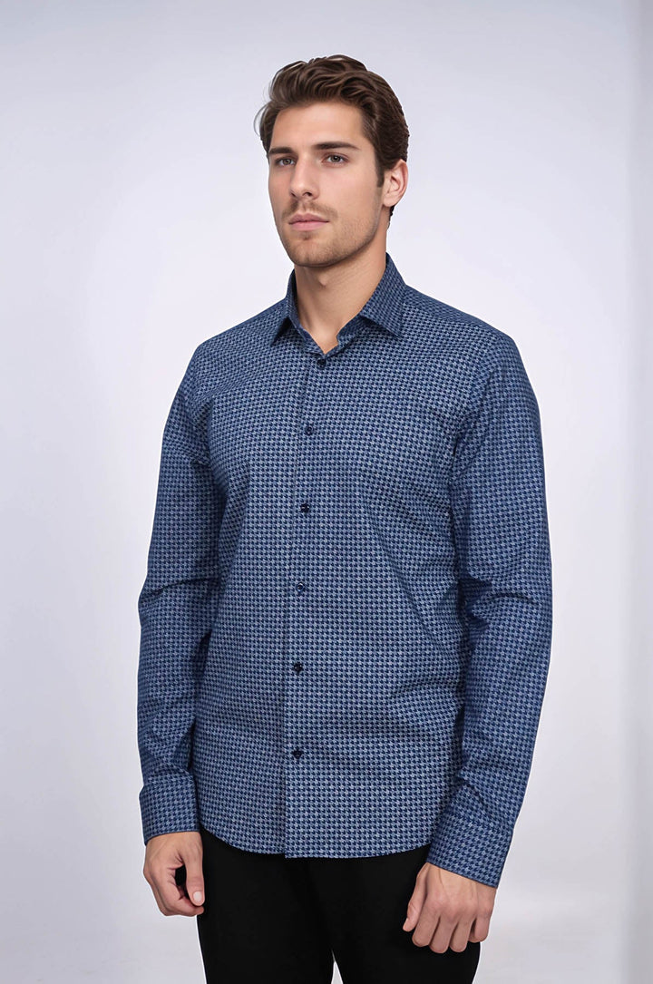 WSS Houndstooth Pattern Slim Fit Navy Blue Men Shirt  - Normal