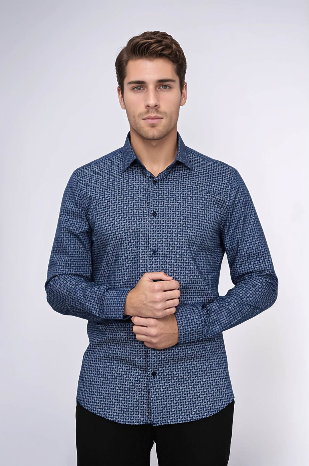 WSS Houndstooth Pattern Slim Fit Navy Blue Men Shirt  - Normal