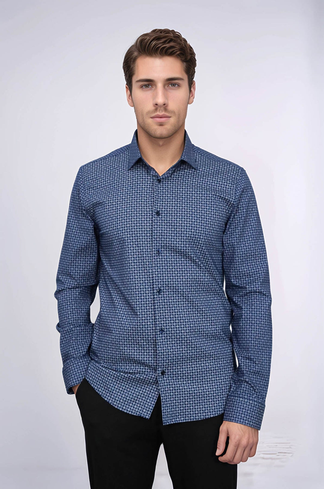 WSS Houndstooth Pattern Slim Fit Navy Blue Men Shirt  - Normal