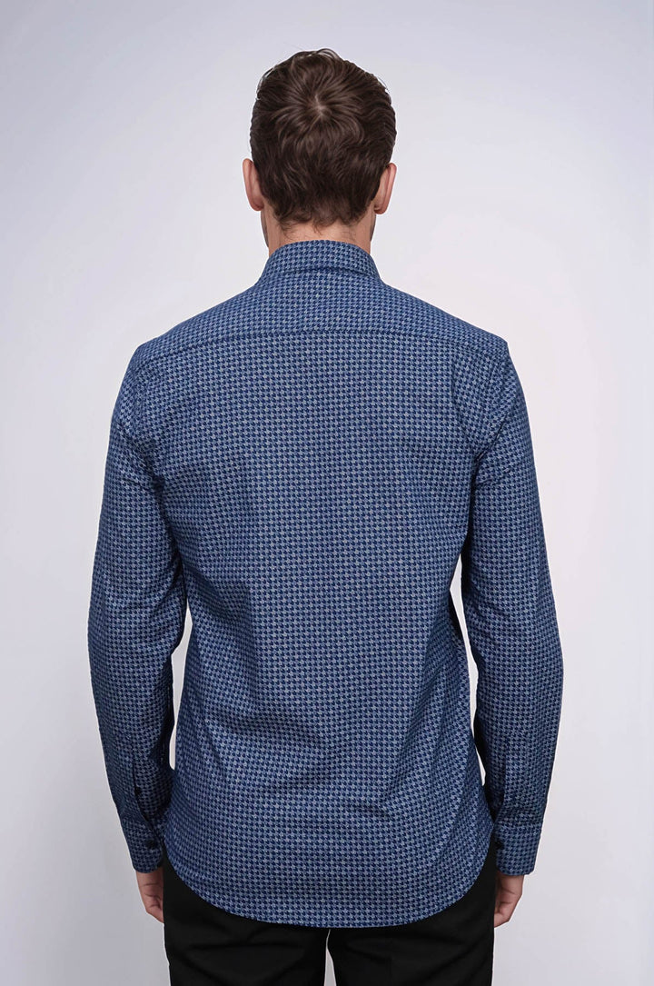 WSS Houndstooth Pattern Slim Fit Navy Blue Men Shirt  - Normal