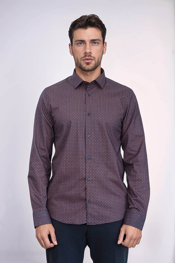 WSS Houndstooth Pattern Slim Fit Brown Men Shirt  - Caltagirone